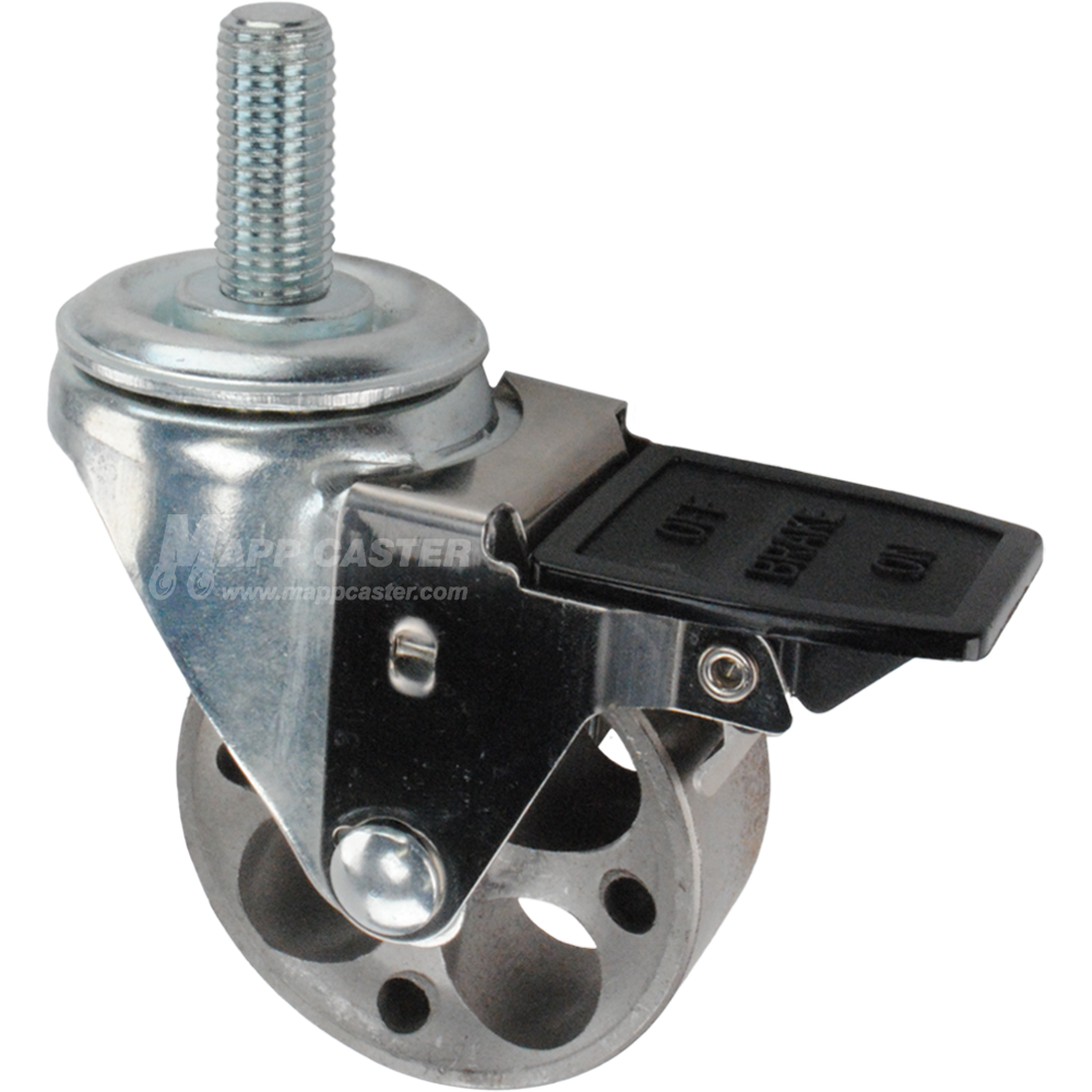Caster wheel with face contact brake, a 3 inch silver steel wheel and 16mm threaded metal stem