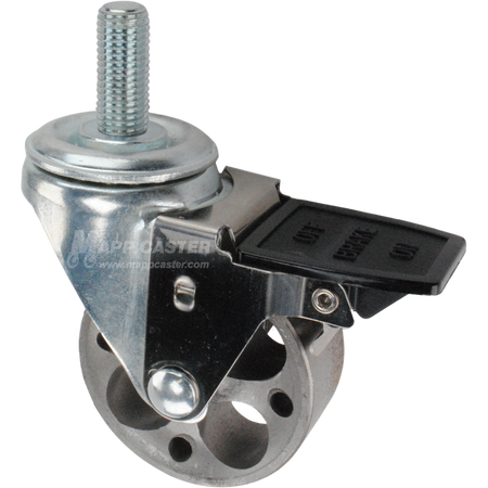 Caster wheel with face contact brake, a 3 inch silver steel wheel and 16mm threaded metal stem