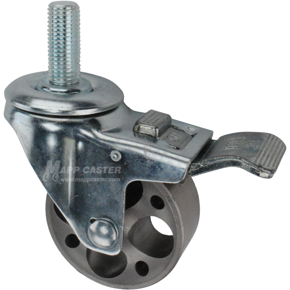 Caster wheel with a total lock brake, a 3 inch silver steel wheel and 1-1/2 inch long 16mm metal threaded stem