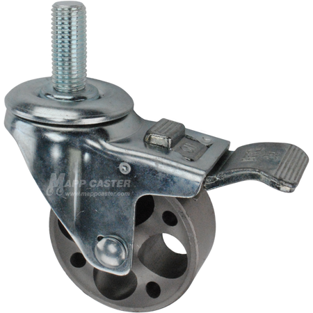 Caster wheel with a total lock brake, a 3 inch silver steel wheel and 1-1/2 inch long 16mm metal threaded stem