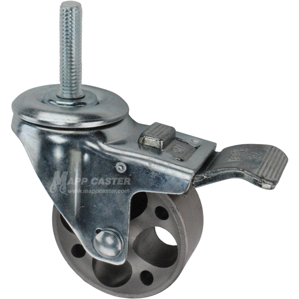 Caster wheel with a total lock brake, a 3 inch silver steel wheel and 3/8 inch metal threaded stem