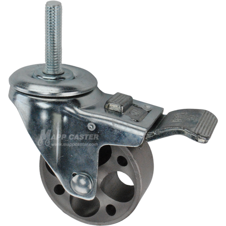 Caster wheel with a total lock brake, a 3 inch silver steel wheel and 3/8 inch metal threaded stem