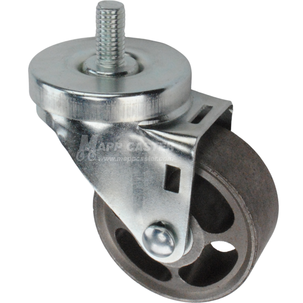 Caster wheel with a black rubber tire and metal stem thread