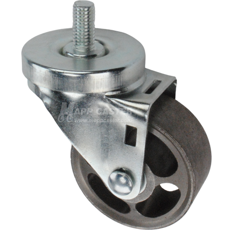 Caster wheel with a black rubber tire and metal stem thread
