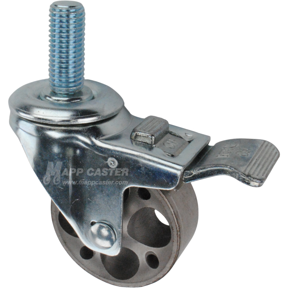 Caster wheel with a total lock brake, a 3 inch silver steel wheel and 1-3/4 inch metal threaded stem