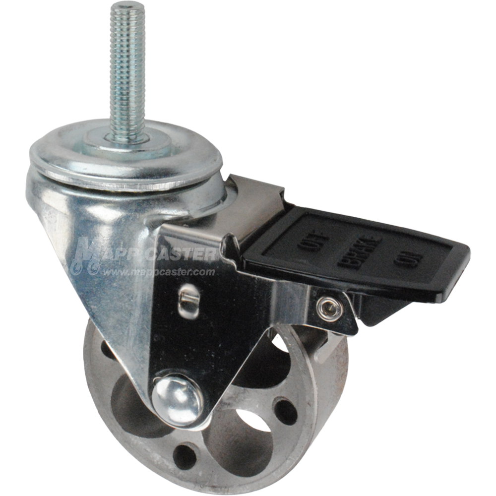 Caster wheel with face contact brake, a 3 inch silver steel wheel and 12mm threaded metal stem
