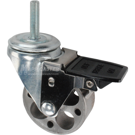 Caster wheel with face contact brake, a 3 inch silver steel wheel and 12mm threaded metal stem