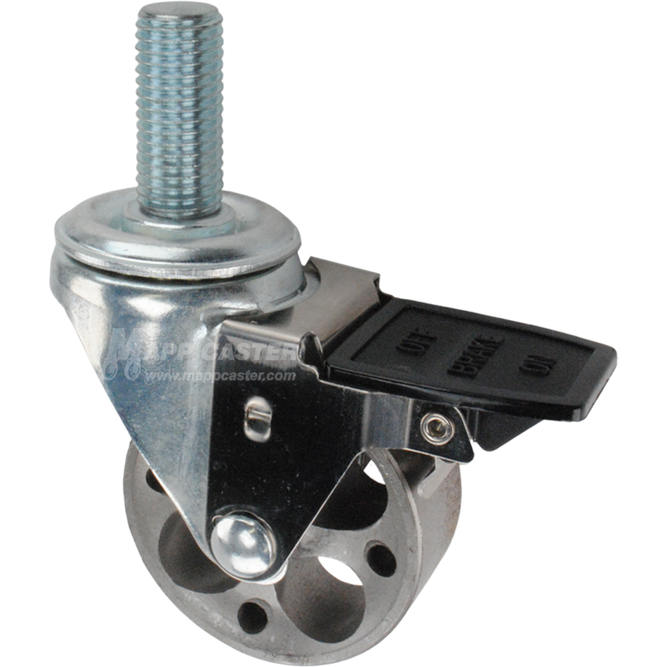 Caster wheel with face contact brake, a 3 inch silver steel wheel and 20mm threaded metal stem