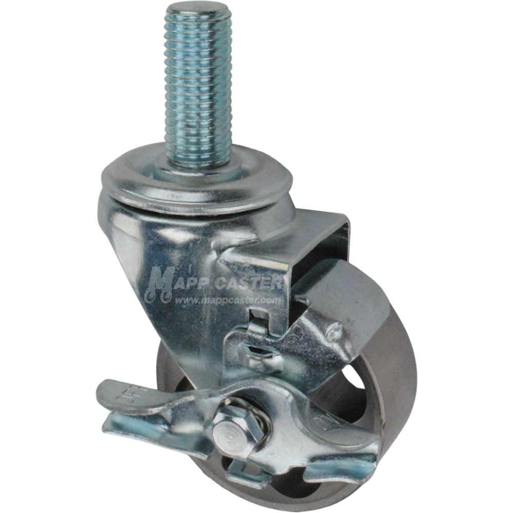 Metal caster wheel with a top lock brake and metric threaded stem