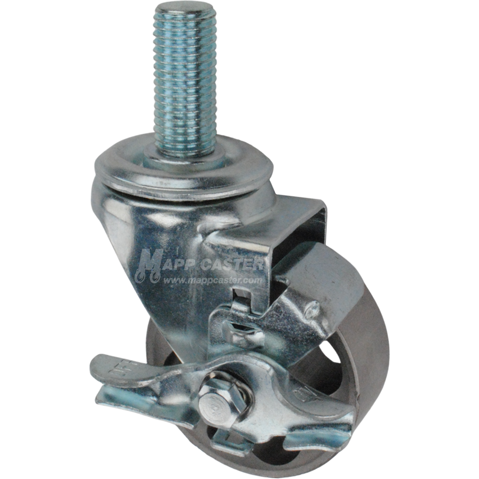 Metal caster wheel with a top lock brake and metric threaded stem