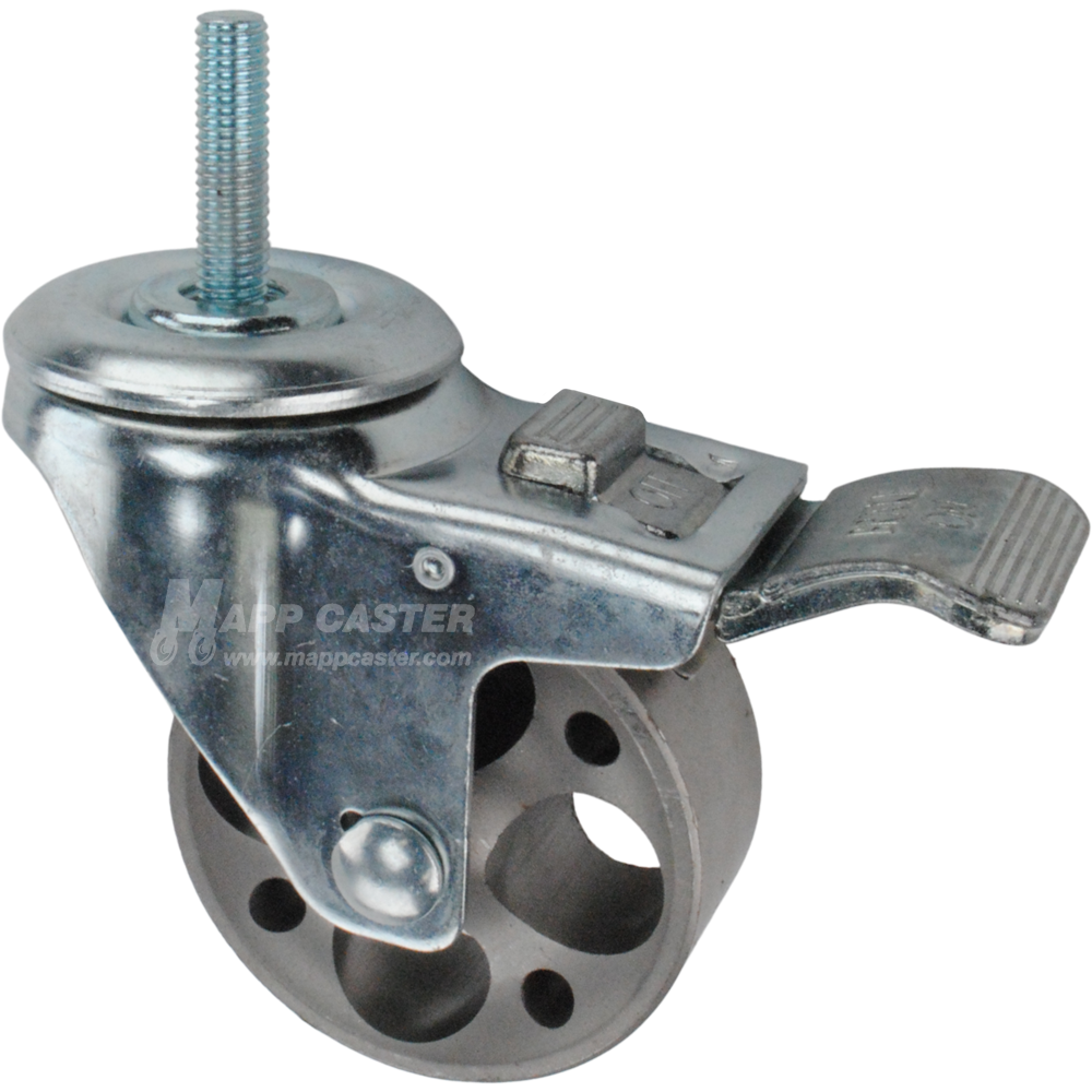 Caster wheel with a total lock brake, a 3 inch silver steel wheel and 1-1/2 inch long 10mm metal threaded stem