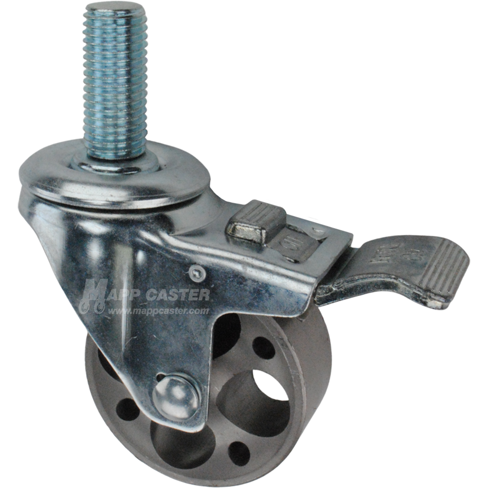 Caster wheel with a total lock brake, a 3 inch silver steel wheel and 1-3/4 inch long 20mm metal threaded stem