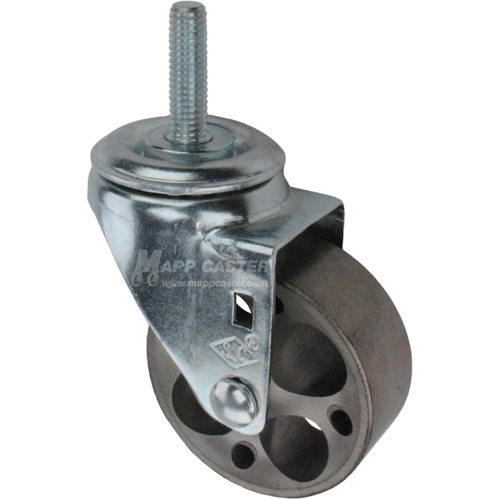 Metal caster wheel with a threaded stem