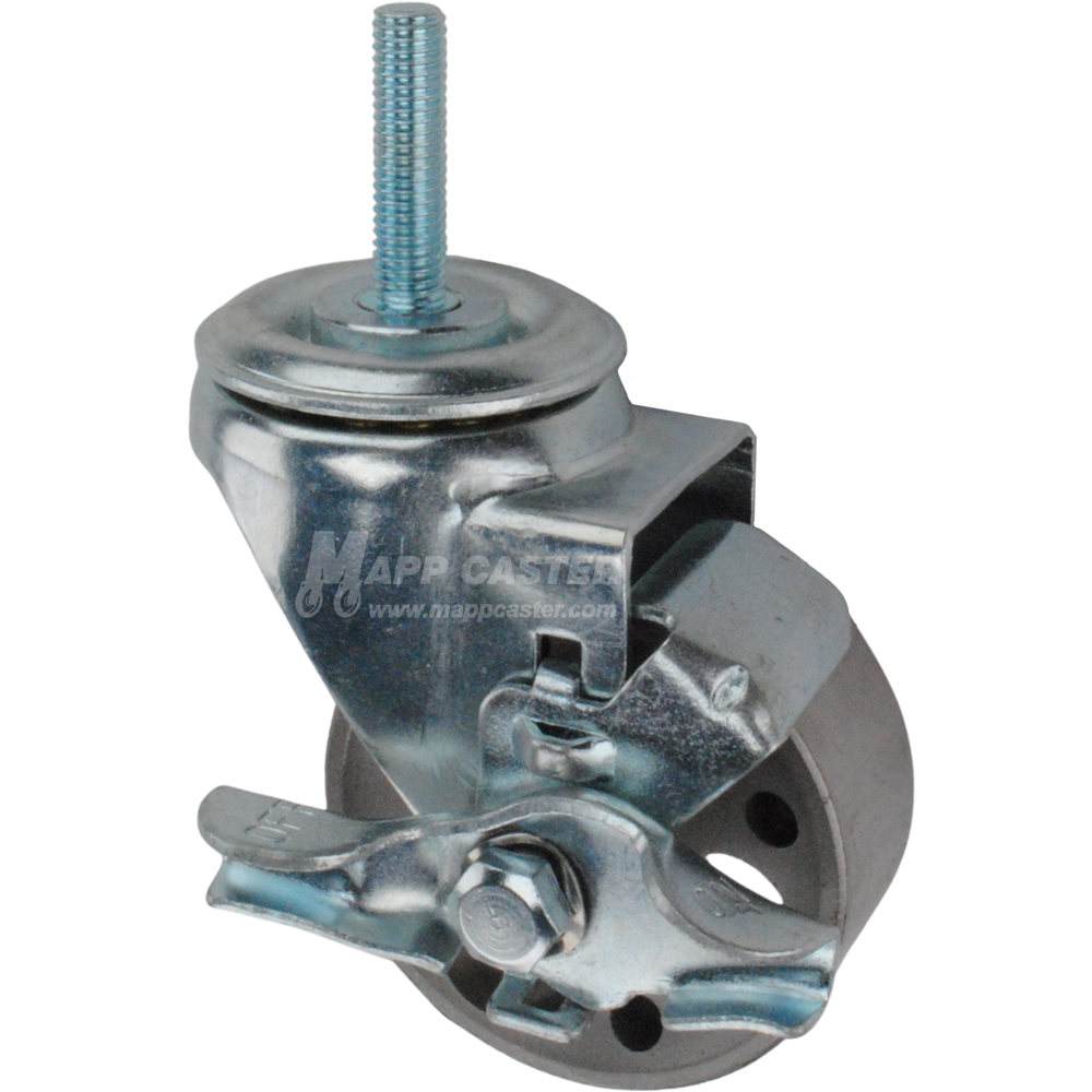 Metal caster wheel with a top lock brake and metric threaded stem