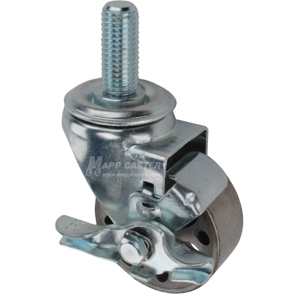 Metal caster wheel with a top lock brake and threaded stem