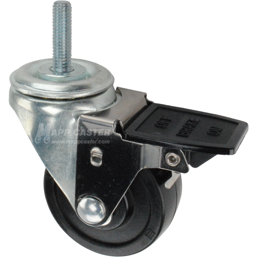 Caster wheel with face contact brake, a 3 inch black soft rubber wheel and 1-1/2 inch metal threaded stem