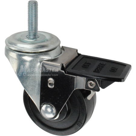Caster wheel with face contact brake, a 3 inch black soft rubber wheel and 1-1/2 inch metal threaded stem