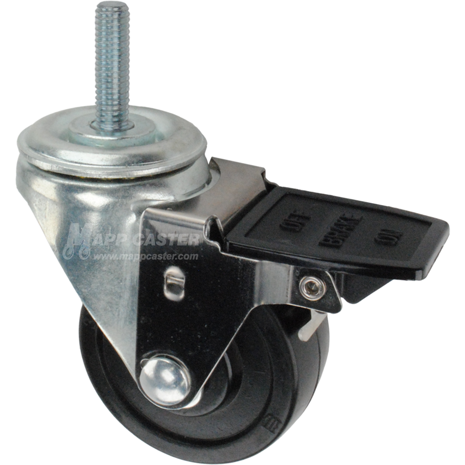 Caster wheel with face contact brake, a 3 inch black soft rubber wheel and 1-1/2 inch metal threaded stem