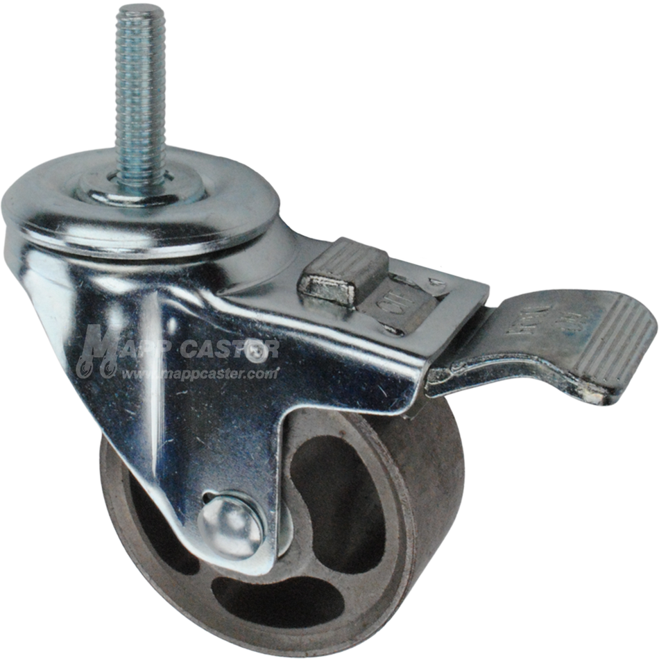 Caster wheel with a total lock brake, a 3 inch silver steel wheel and 1-1/2 inch metal threaded stem