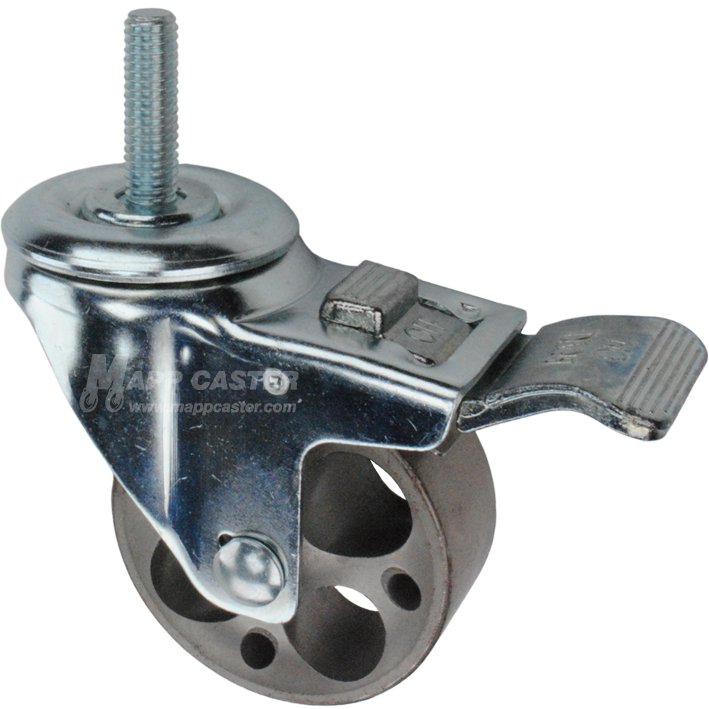 Caster wheel with a total lock brake, a 3 inch silver steel wheel and 1-1/2 inch metal threaded stem