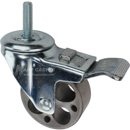 Caster wheel with a total lock brake, a 3 inch silver steel wheel and 1-1/2 inch metal threaded stem