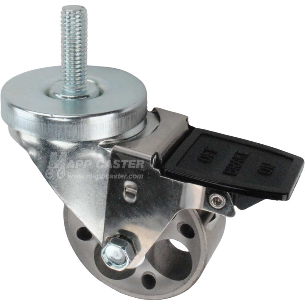 Caster wheel with face contact brake, a 3 inch silver steel wheel and 1-1/2 inch metal threaded stem
