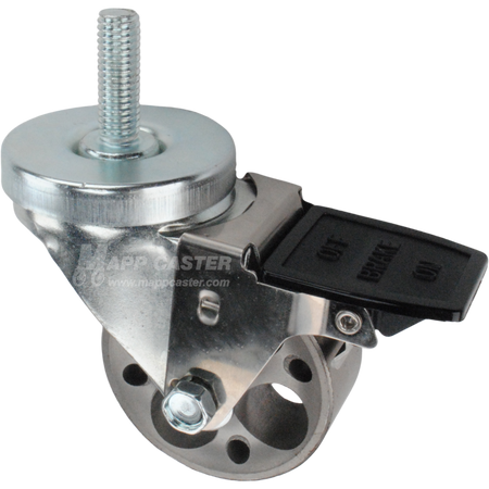 Caster wheel with face contact brake, a 3 inch silver steel wheel and 1-1/2 inch metal threaded stem