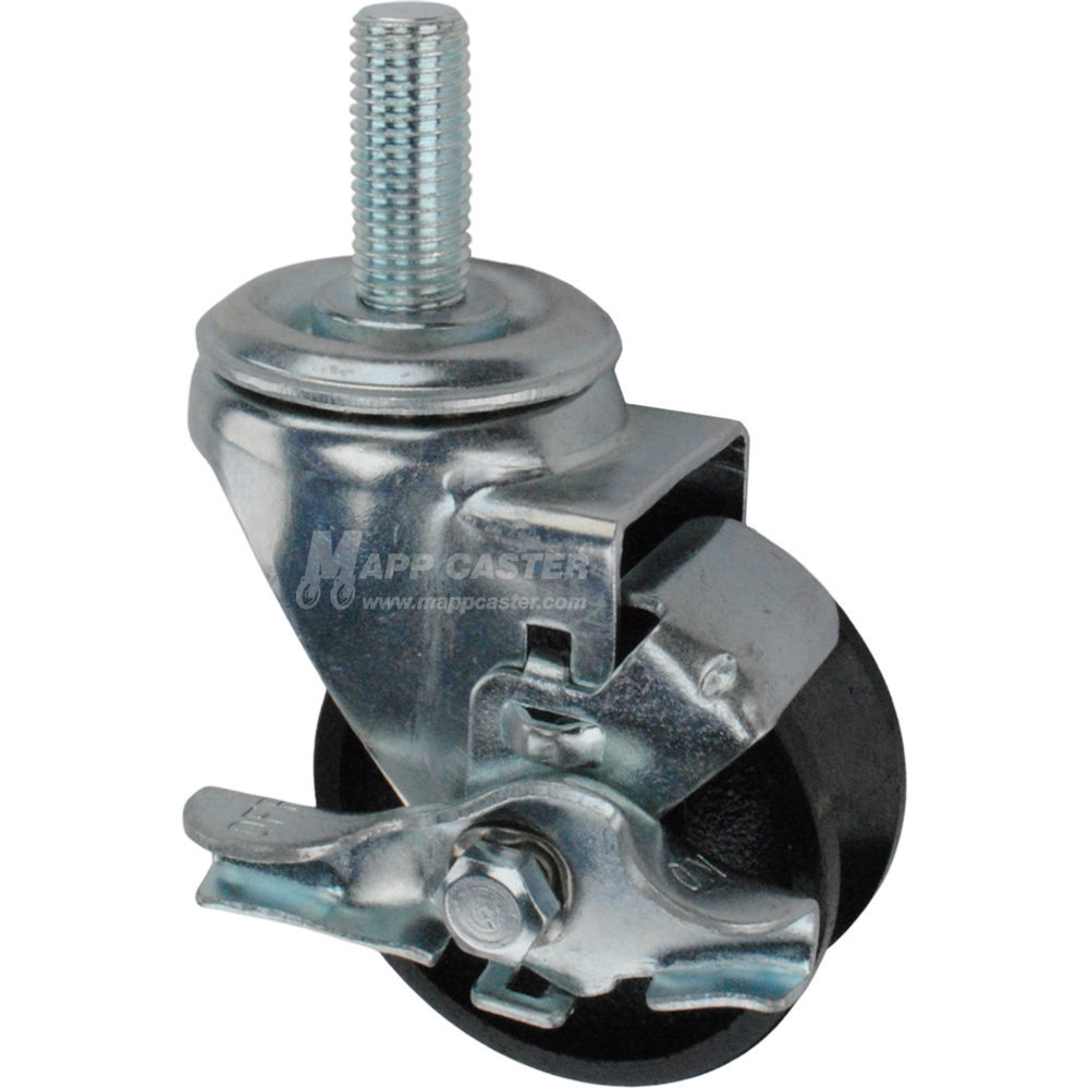 Caster wheel with brake, a black cast iron tire and metric metal stem thread