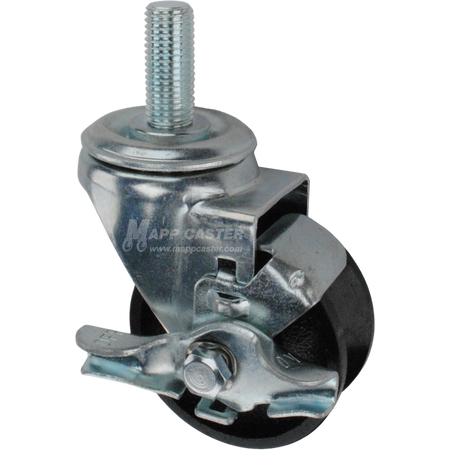Caster wheel with brake, a black cast iron tire and metric metal stem thread