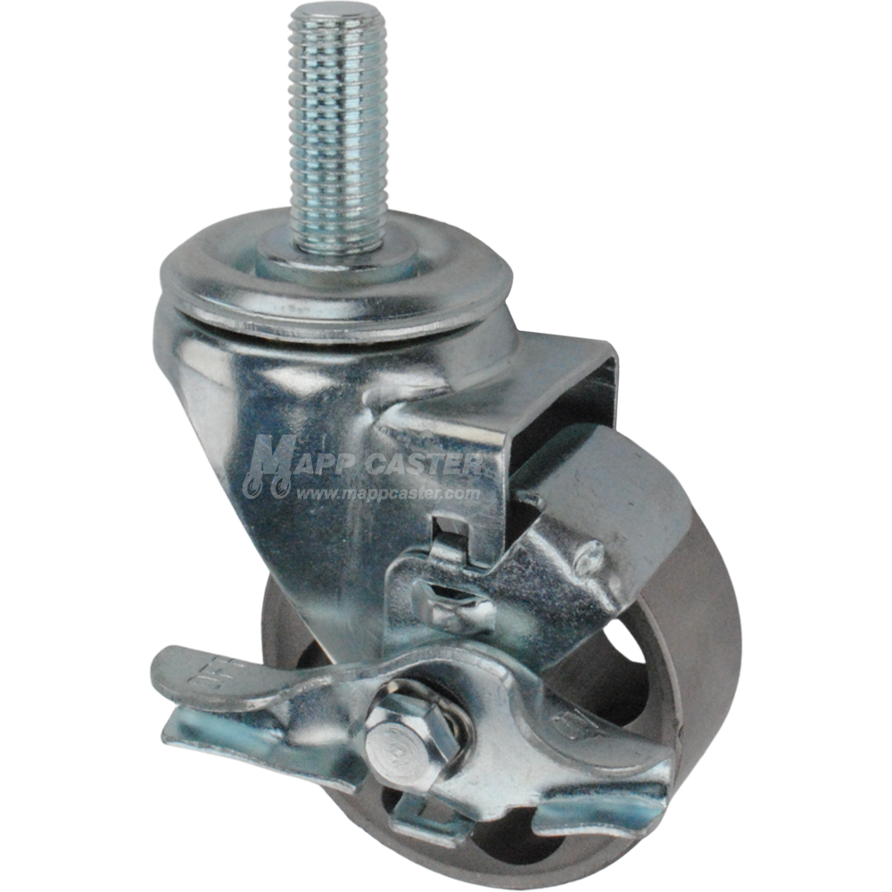 Metal caster wheel with a top lock brake and metric threaded stem