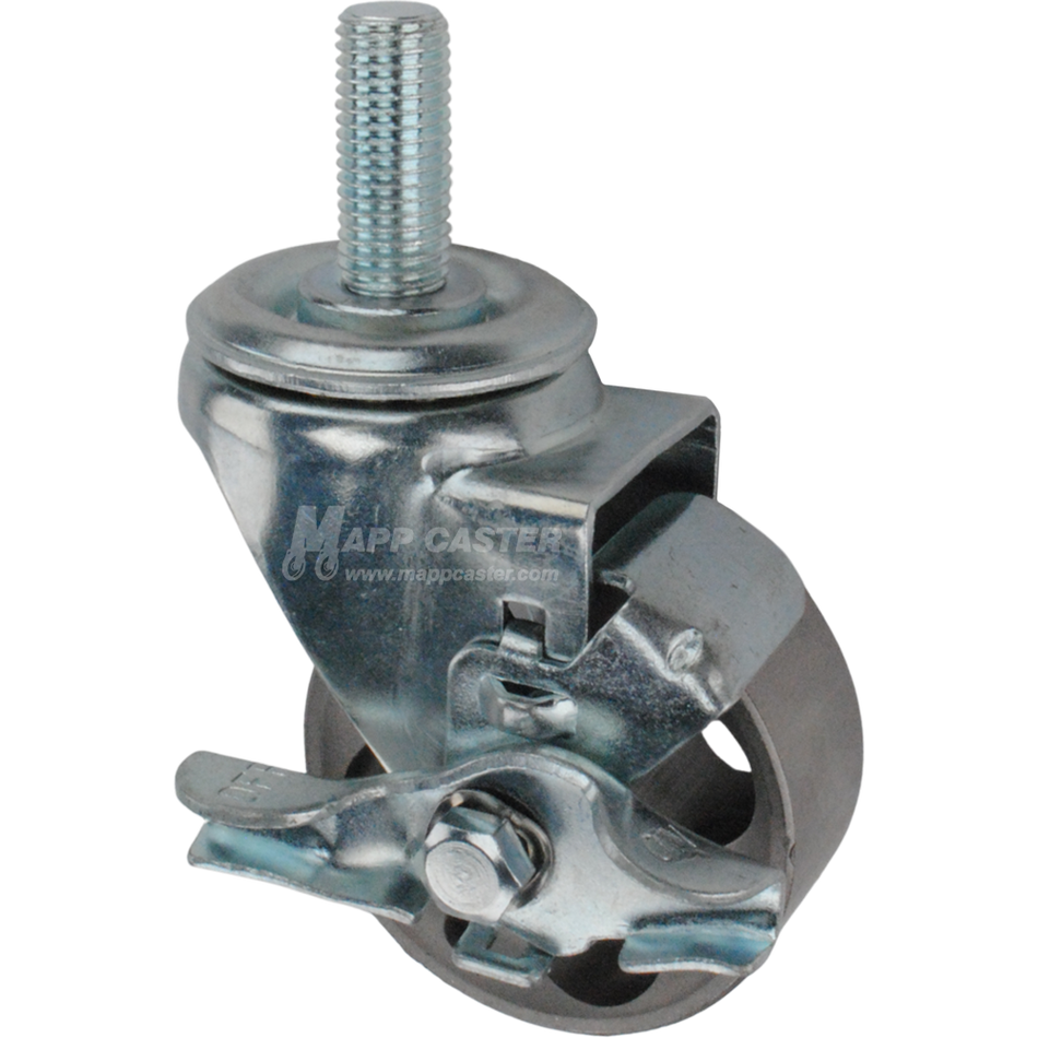 Metal caster wheel with a top lock brake and metric threaded stem