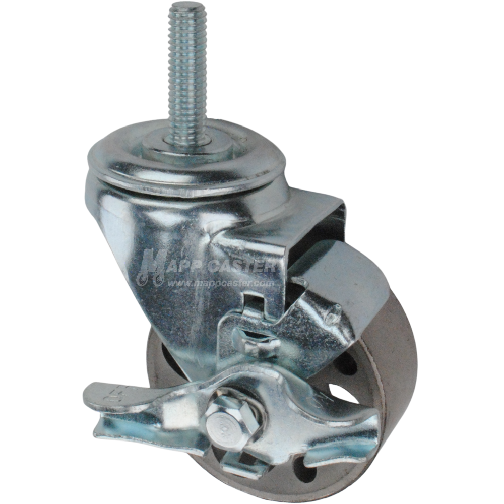 Metal caster wheel with a top lock brake and threaded stem
