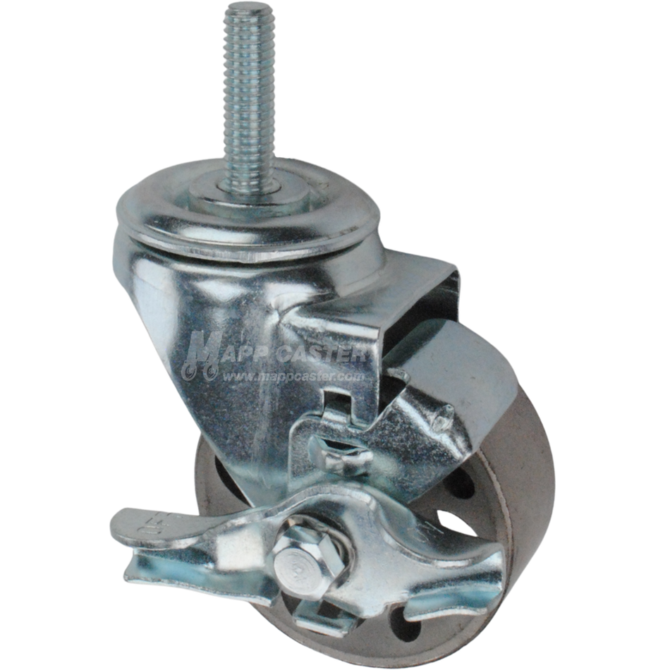Metal caster wheel with a top lock brake and threaded stem