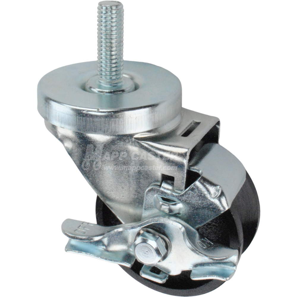 Caster wheel with brake, a black cast iron tire and metal stem thread