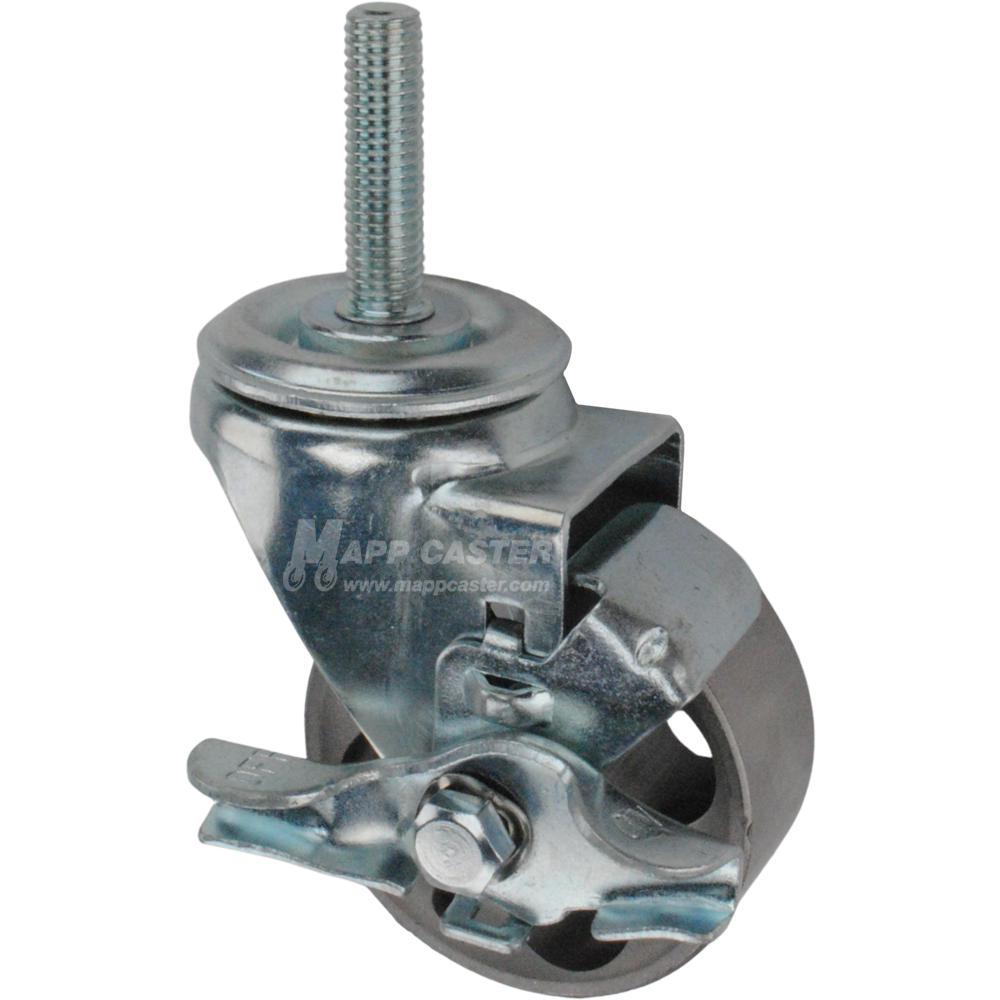 Metal caster wheel with a top lock brake and metric threaded stem