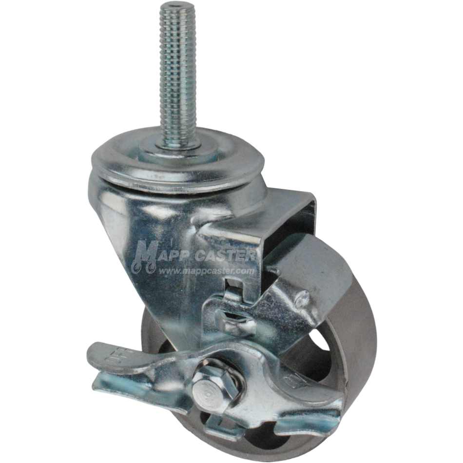 Metal caster wheel with a top lock brake and metric threaded stem
