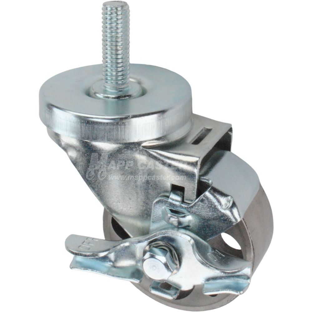 Metal caster wheel with a top lock brake and threaded stem