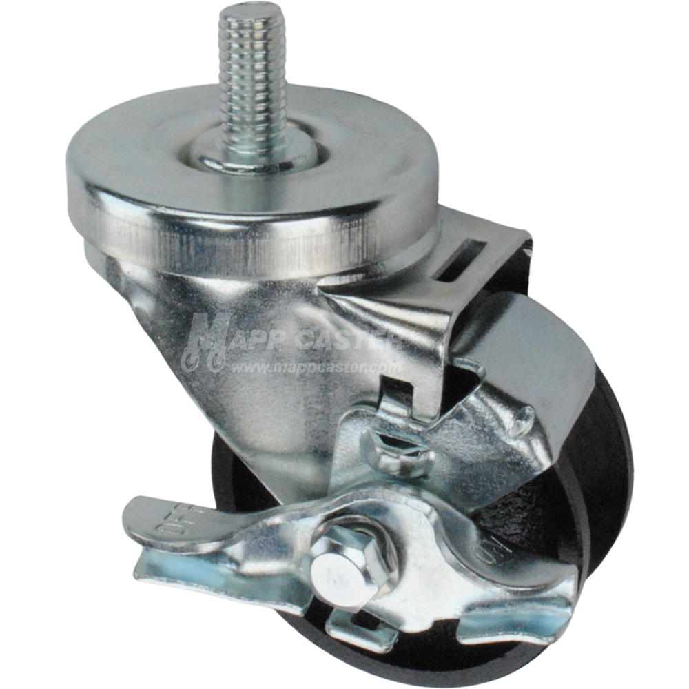 Caster wheel with brake, a silver steel tire and metal stem thread