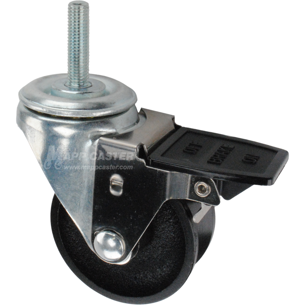 Caster wheel with face contact brake, a 3 inch black cast iron v-groove track wheel and 12mm threaded metal stem