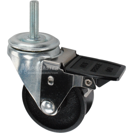 Caster wheel with face contact brake, a 3 inch black cast iron v-groove track wheel and 12mm threaded metal stem