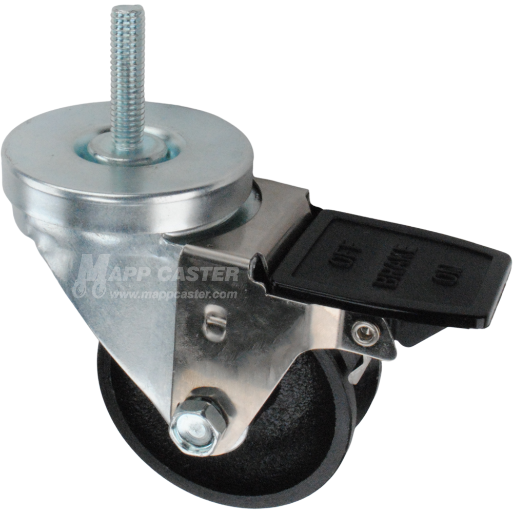 Caster wheel with face contact brake, a 3 inch black cast iron v-groove track wheel and 1-1/2 inch metal threaded stem