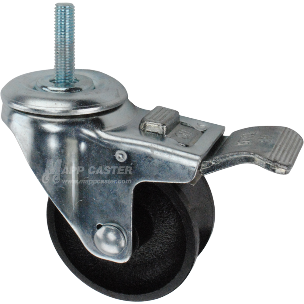 Caster wheel with a total lock brake, a 3 inch black cast iron v-groove track wheel and 1-1/2 inch long 10mm metal threaded stem