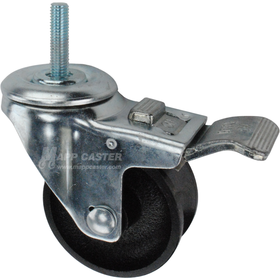 Caster wheel with a total lock brake, a 3 inch black cast iron v-groove track wheel and 1-1/2 inch long 10mm metal threaded stem