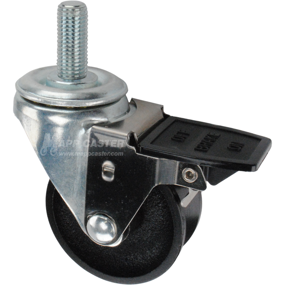 Caster wheel with face contact brake, a 3 inch black cast iron v-groove track wheel and 16mm threaded metal stem