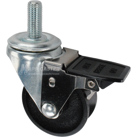 Caster wheel with face contact brake, a 3 inch black cast iron v-groove track wheel and 16mm threaded metal stem