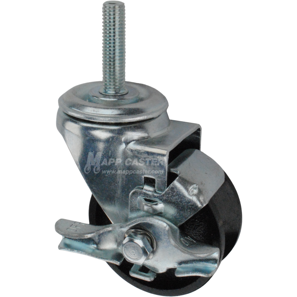 Caster wheel with brake, a black cast iron tire and metric metal stem thread