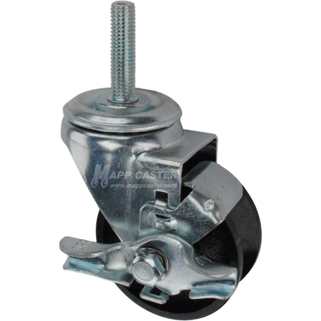 Caster wheel with brake, a black cast iron tire and metric metal stem thread