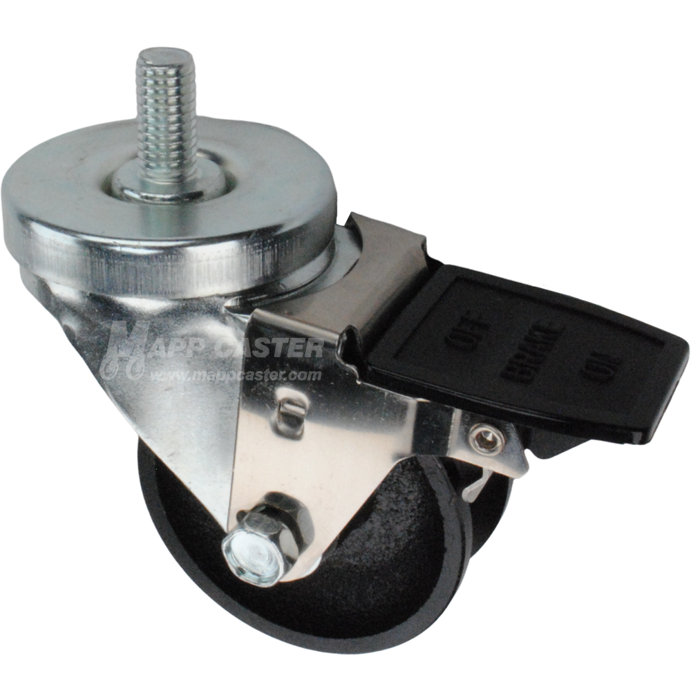 Caster wheel with face contact brake, a 3 inch black cast iron v-groove track wheel and 1-1/2 inch metal threaded stem