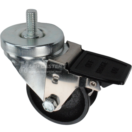 Caster wheel with face contact brake, a 3 inch black cast iron v-groove track wheel and 1-1/2 inch metal threaded stem