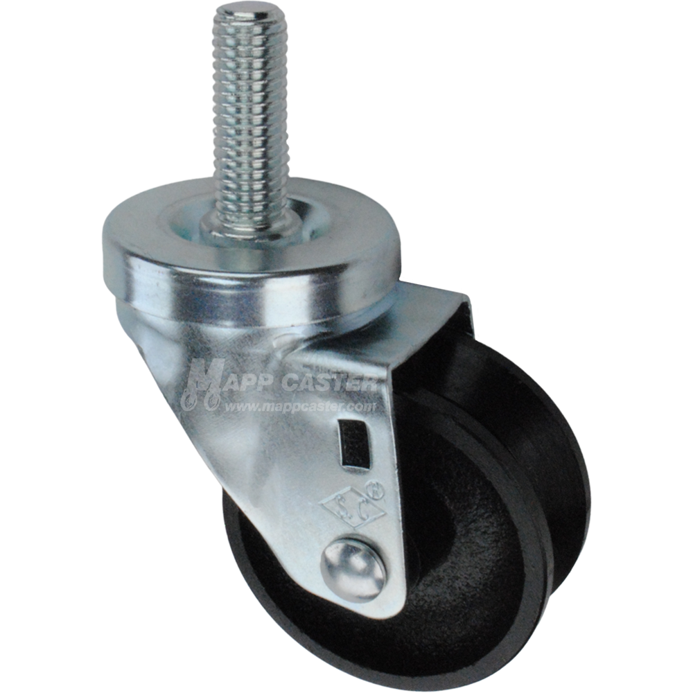 Caster wheel with a black cast iron v-groove tire and metal stem thread